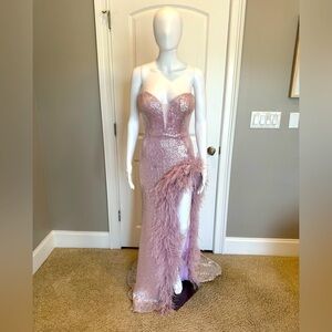 Jovani Feather Trimmed High Slit Long Dress